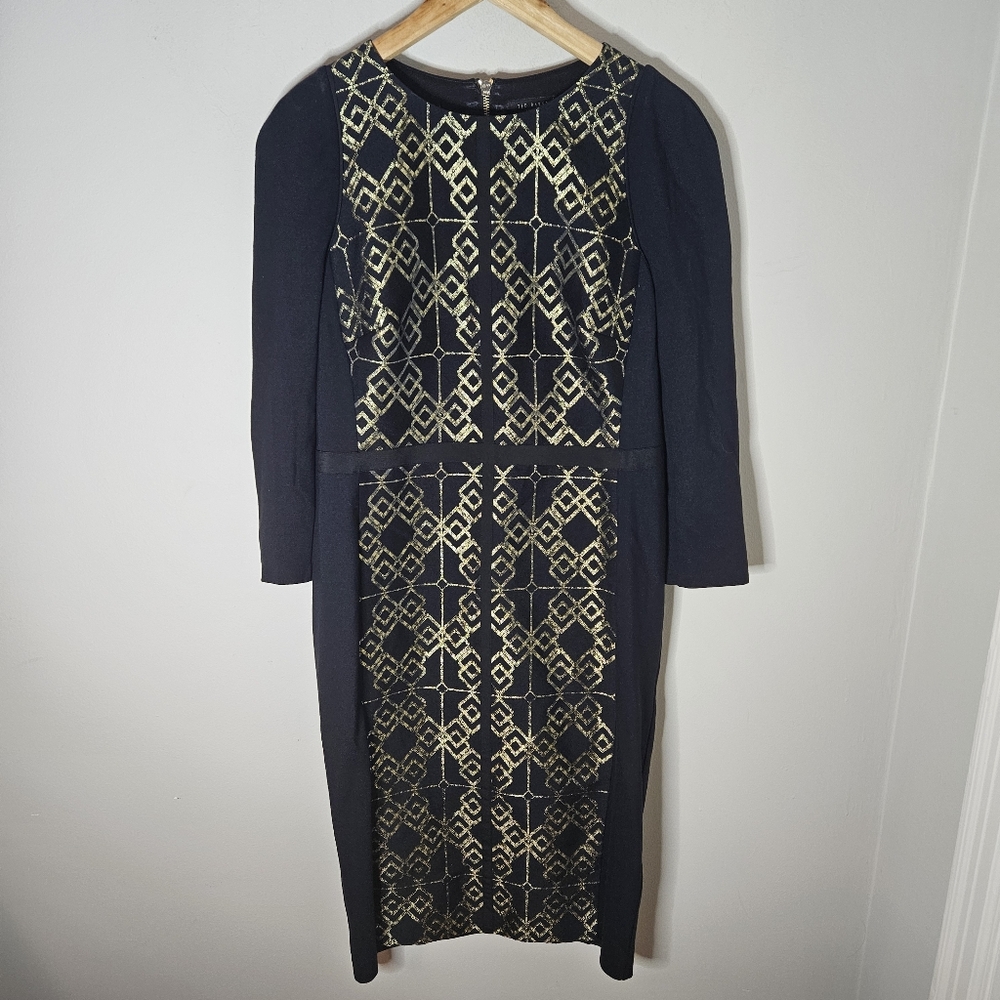 Ted Baker Knit Sheath Dress Black Gold Midi Long Sleeve Bodycon Women's 6 - Picture 2 of 9